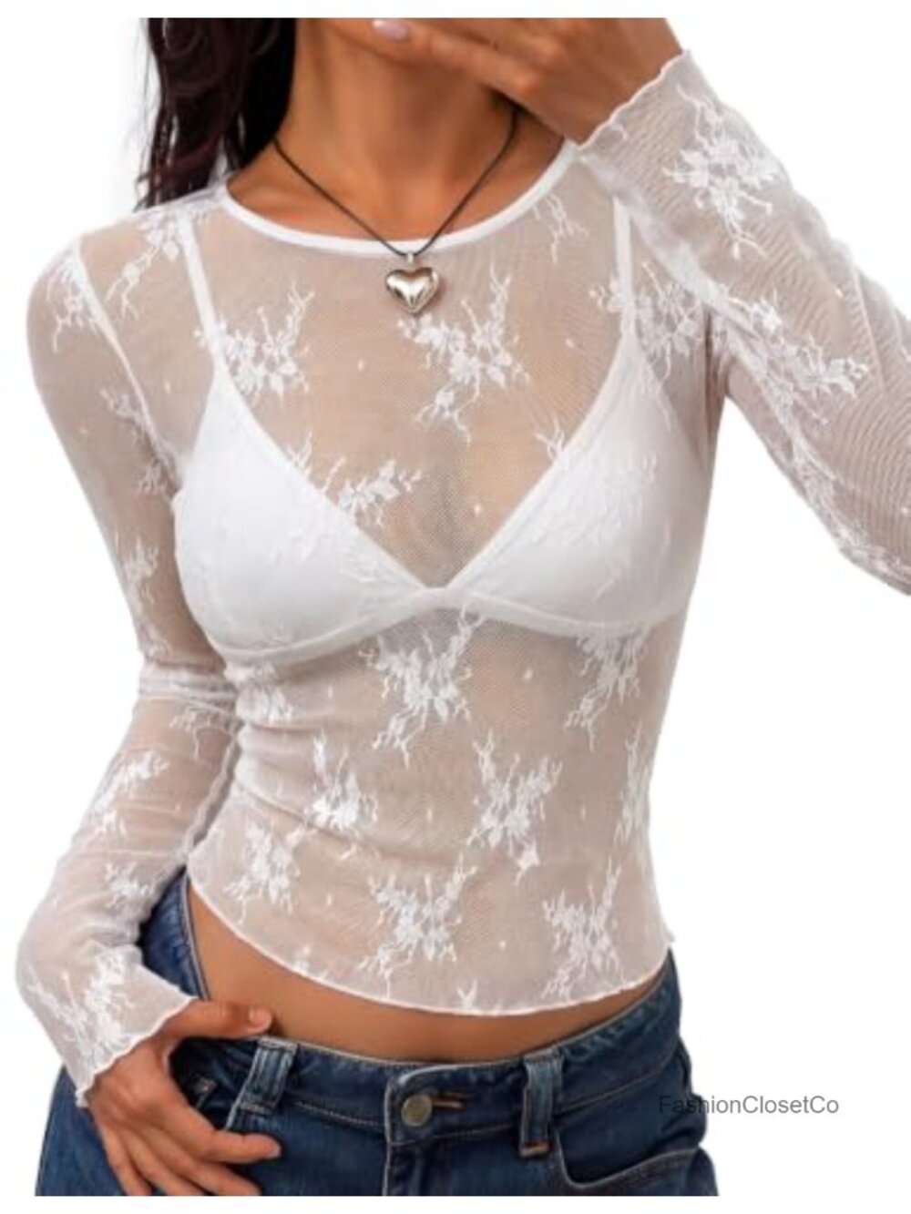 Sheer Lace Mesh Long Sleeve Top for Women